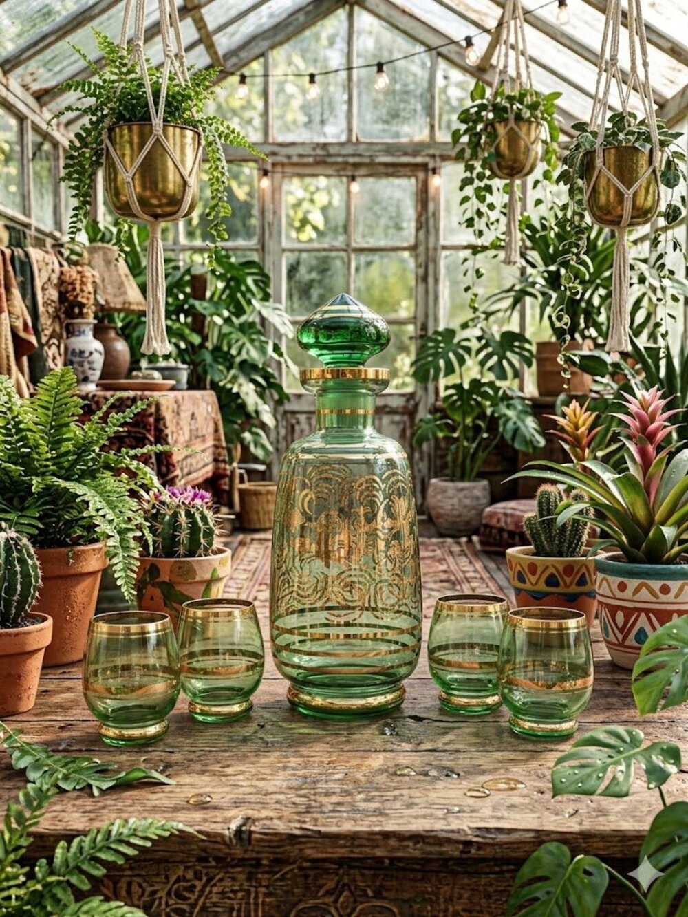 Bohemian Style Glass Cordial Set with 4 Shot Glasses, MCM Barware